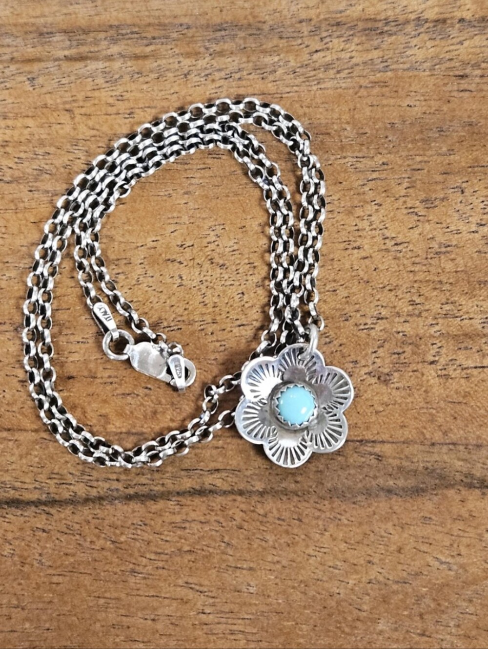 Sterling Silver Flower Necklace with Turquoise Center